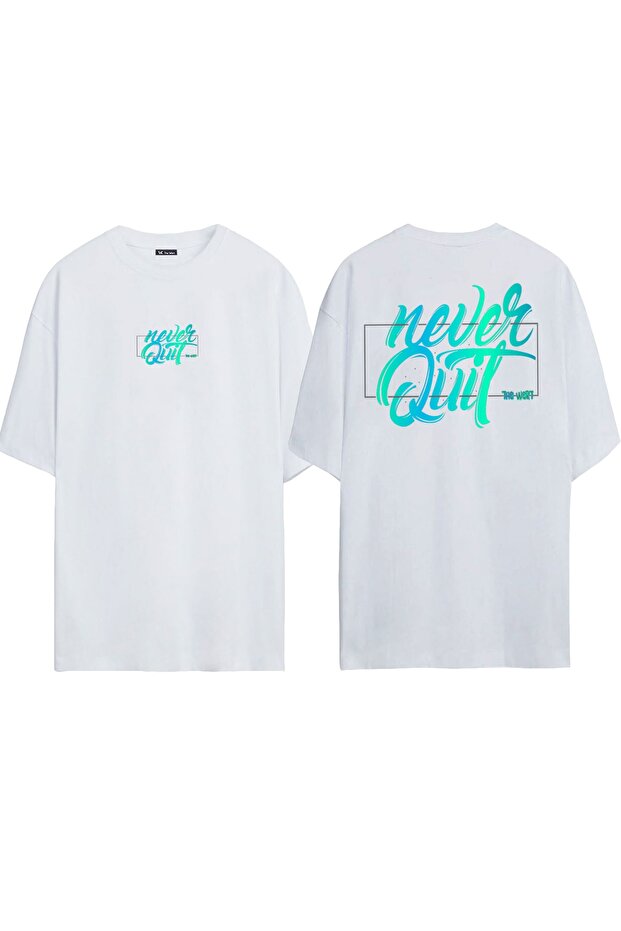 Unisex Never Quit Printed White Oversize T-shirt
