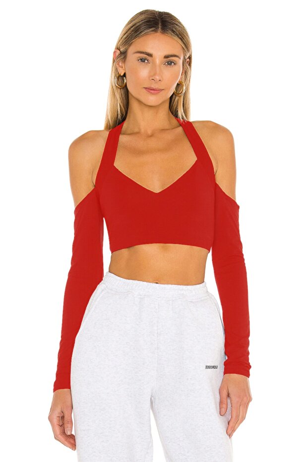 Women's Red Halter Neck Silk Jersey Crop Top