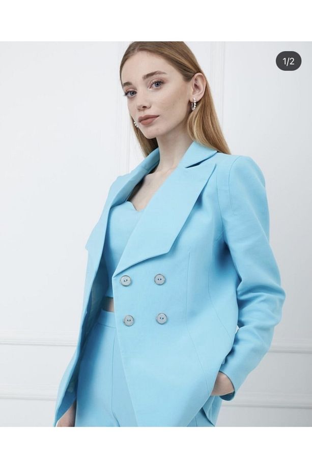 Mavi Krep, Blazer Ceket, Askılı Crop Ve Pantolon Takımı - 2