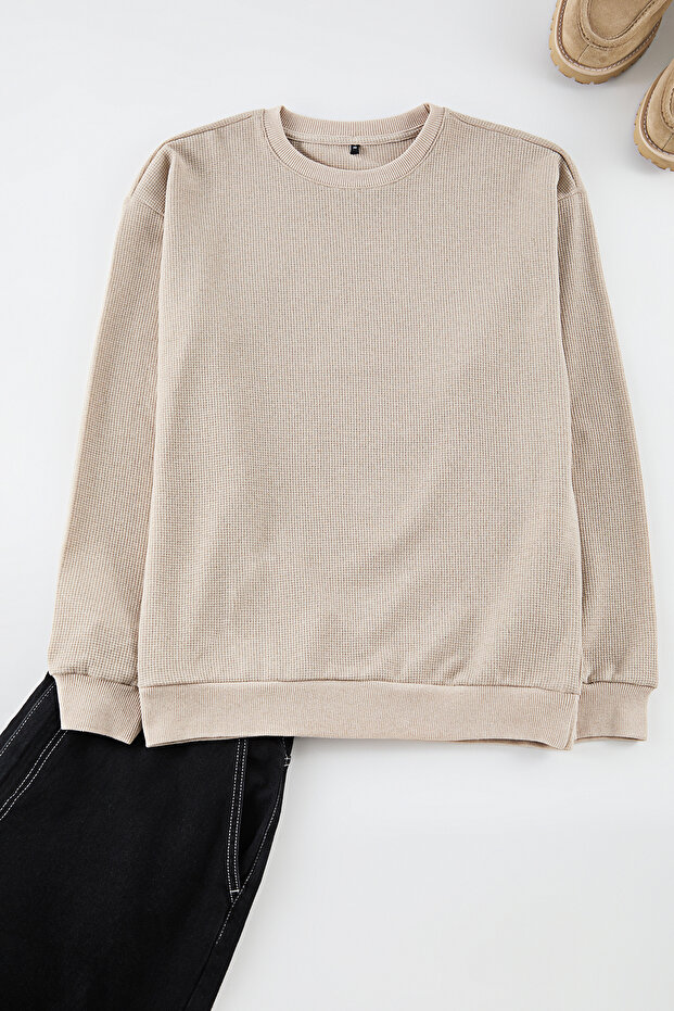 Camel Oversize/Geniş Kesim Bisiklet Yaka Şardonsuz Sweatshirt TMNAW25SW00194 - 2