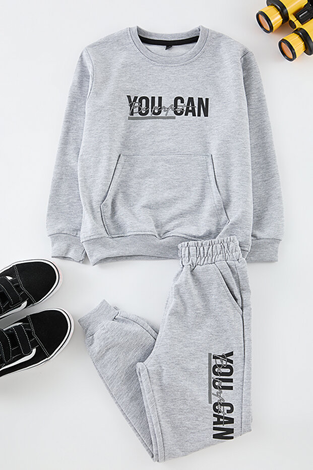 Gri Melanj Slogan Baskılı Örme Erkek Çocuk Sweatshirt ve Eşofman Alt-Üst Takım TKDAW25AU00149 - 2