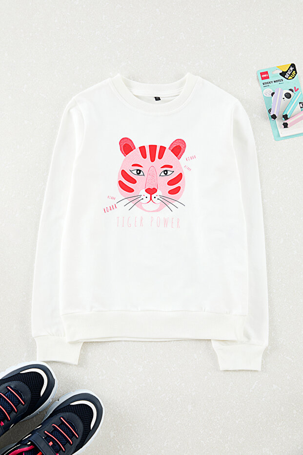 Ecru Printed Girl's Knitted Sweatshirt Tkdaw25Sw00088