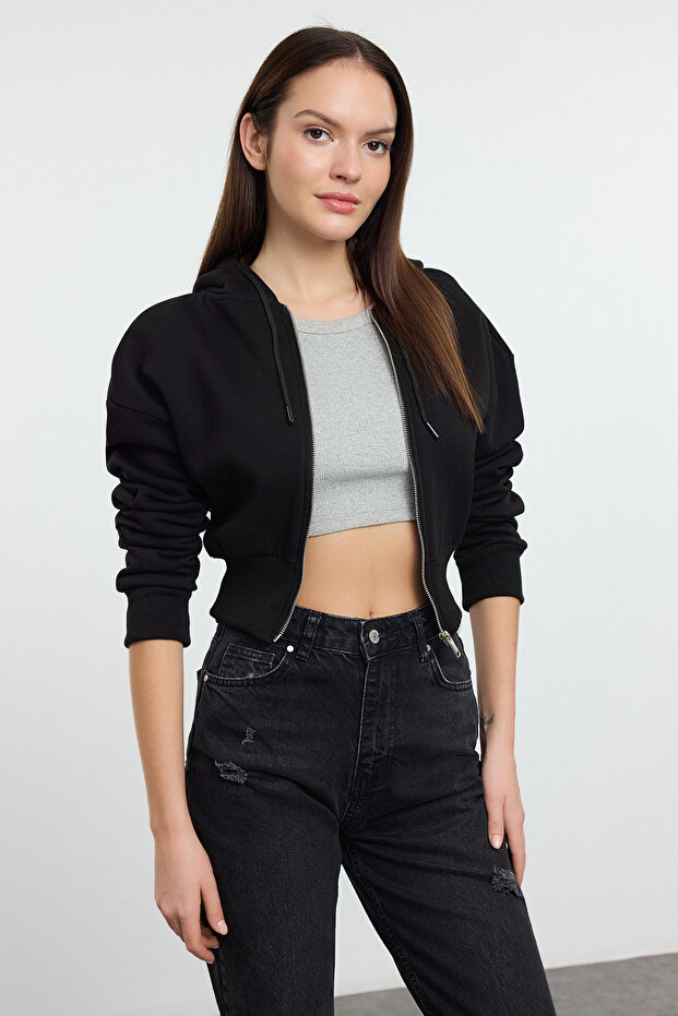 Siyah Crop Oversize Örme Sweatshirt TWOAW25SW00302 - 1