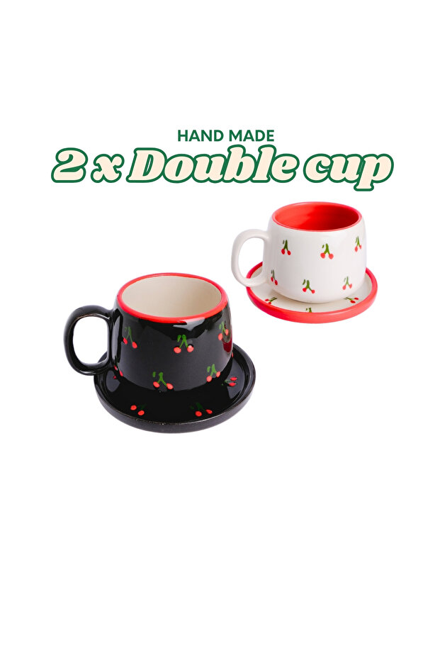 2 Pieces Double Ceramic Handmade Mug with Cherry Pattern Plate, Ceramic Mug, Handmade, Coffee Cup