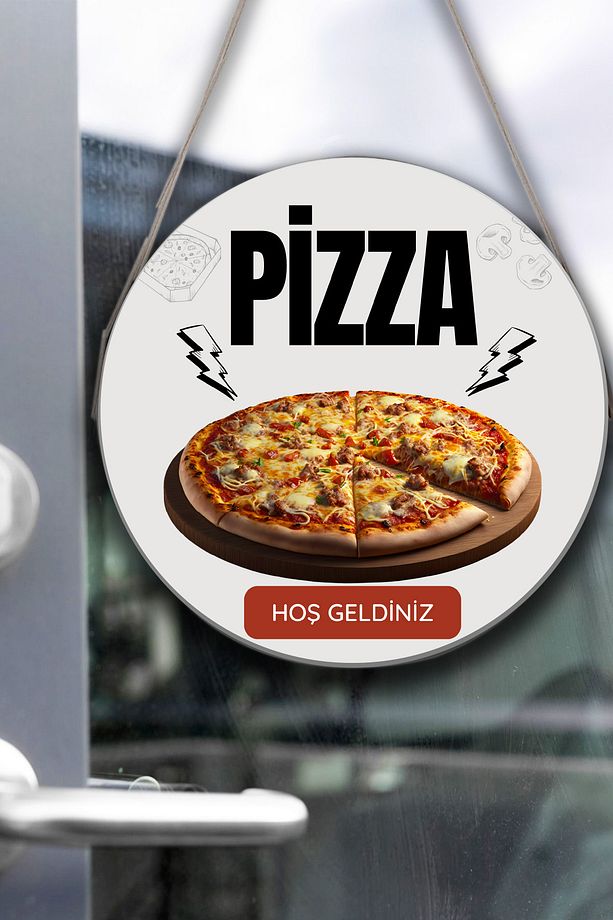 Pizza Salonu için Tek Taraflı Hoş Geldiniz Tabelası, Pizza Dükkan Kapı Duvar Tablo Pano Süs Dekor - 3