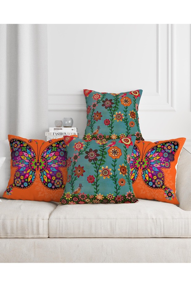 4-Piece Digital Printed Throw Pillow Cover with Ethnic Butterfly and Flower Pattern Orange Green Colors