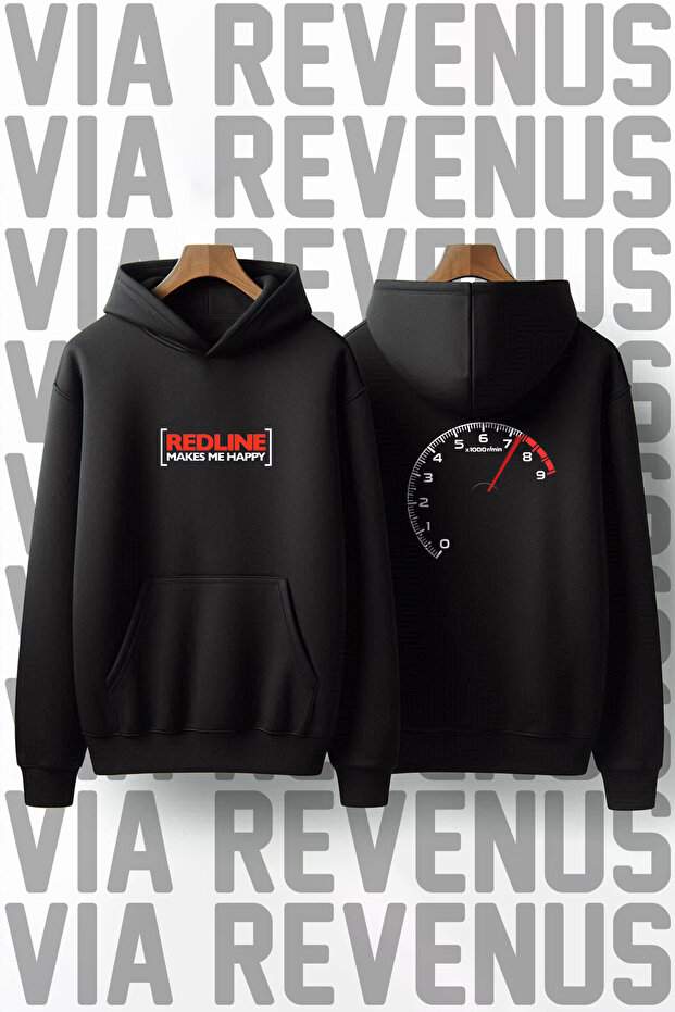 Redline Makes Me Happy/Biker Front and Back Printed 3 Yarn Hooded Sweatshirt with Wide Fit and Hood