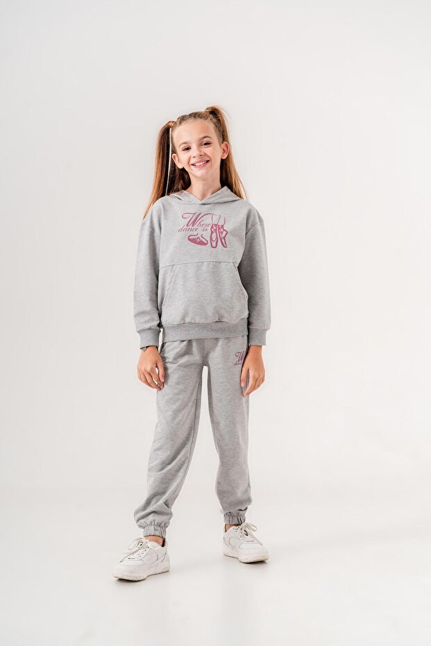 Where Dance Is Printed Hooded Girls' Top and Bottom Tracksuit Set