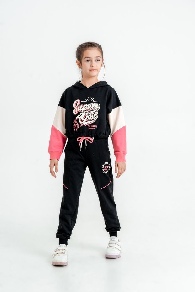 Super Girl Printed Hooded Crop Top Girl's Tracksuit Set