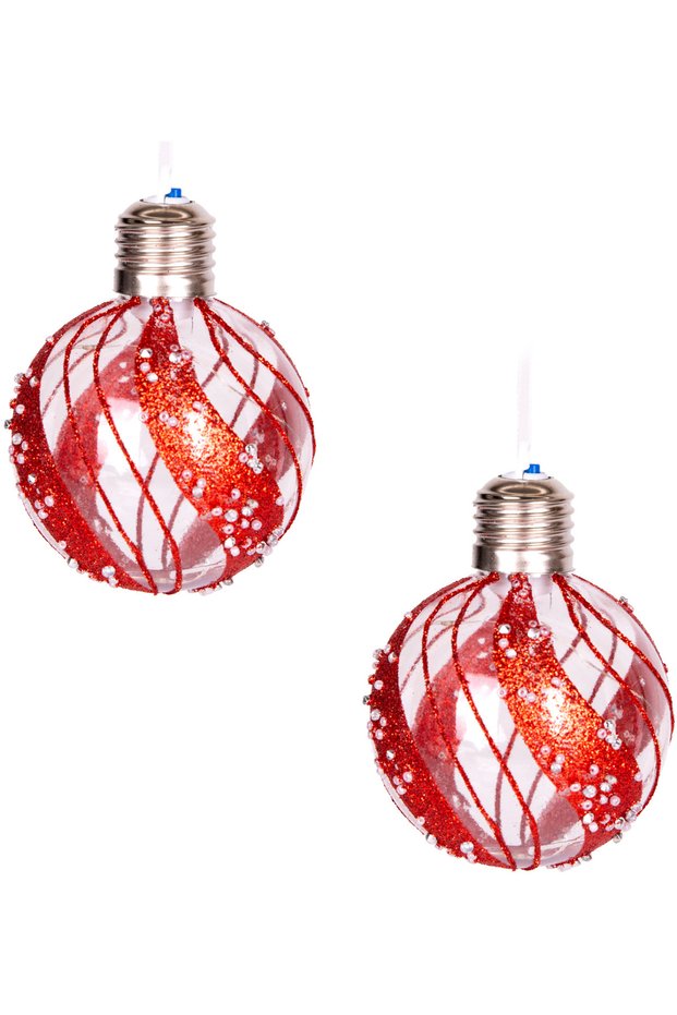 Christmas Ball, Bulb, Led Lighted, Glittery, Beaded Pattern, Red - Pack of 2, 7 cm