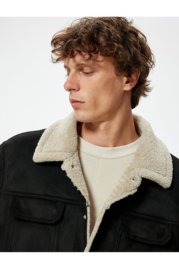 Suede Look Jacket Slim Fit Plush Detailed Shirt Collar