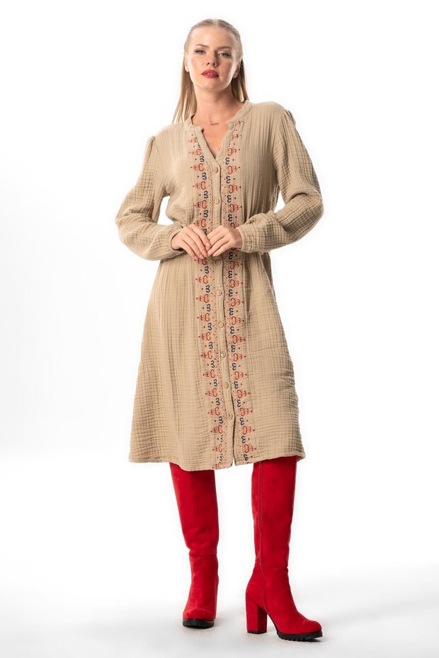 Long Sleeve Sparkly V-Neck Autumn and Winter Embroidered Short Double Muslin Dress Mink Vzn