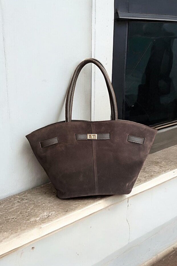 Women's Bitter Brown Suede Leather Hand and Shoulder Bag with Magnet Closure and Lock Detail