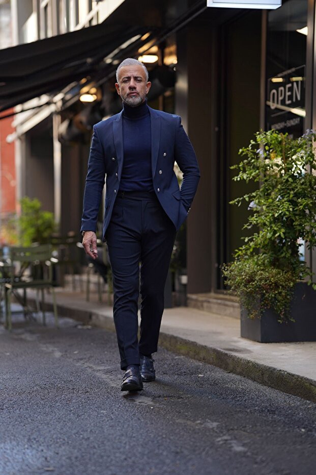 سترة واحدة باللون الأزرق الداكن بقصة ضيقة - 2