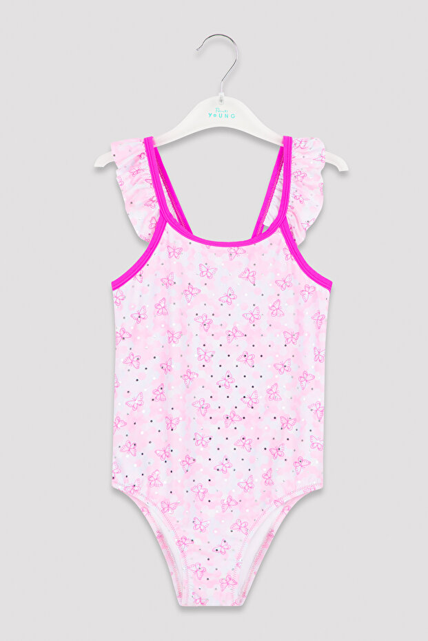 Girl's Purple Stripe and Ruffle Detailed Butterfly Patterned Swimsuit