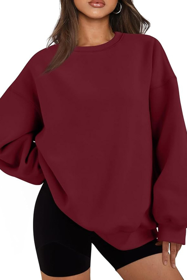 Kadın Bisiklet Yaka Basic Oversize Sweatshirt BORDO - 4