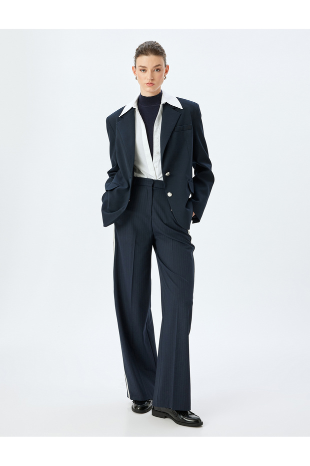 Straight Wide Leg Fabric Trousers with Pockets and Stripe Detail on the Sides