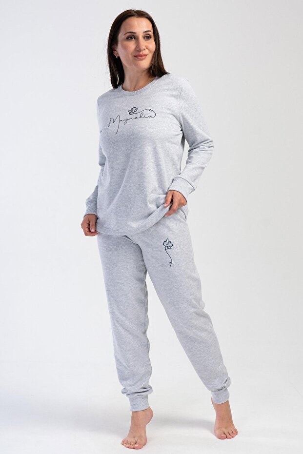 Women's Plus Size 2 Thread Long Sleeve Gray Melange Pajama Set C1T2N0O304