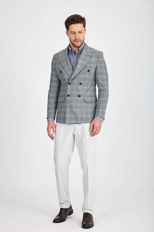 Slimfit Men's Double Breasted Jacket Peaked Collar Drop 6 Woven Fabric - 6