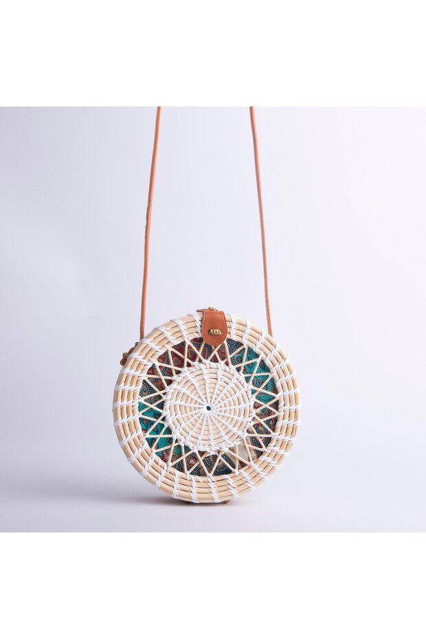 Women's Straw Round Original Bag Leather Strap Detailed White Straw