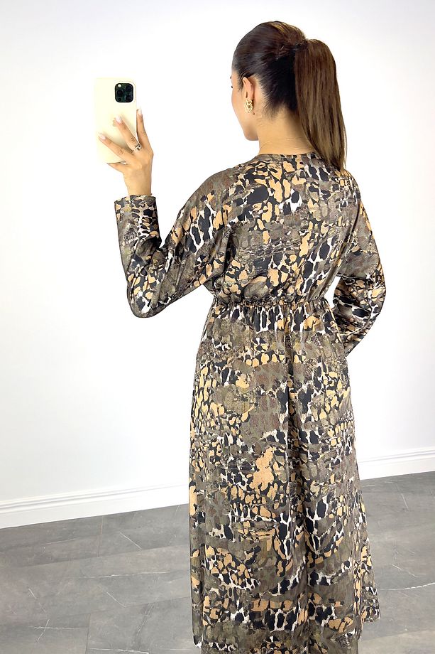 Kadın Yeşil Leopar Desenli Midi Elbise - 6
