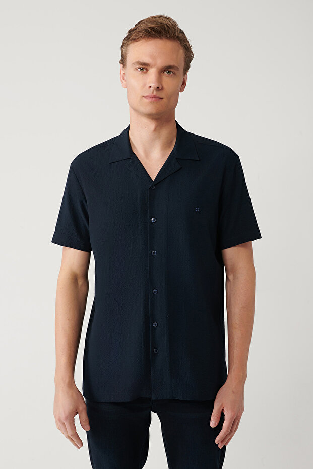 Erkek Lacivert Apaj Yaka Kolay Ütülenebilir Gofreli Kısa Kollu Regular Fit Gömlek A41Y2169 - 3