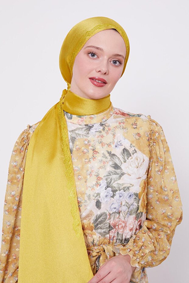 Lime Dalgalı İşlemeli Diamond Şal - 2