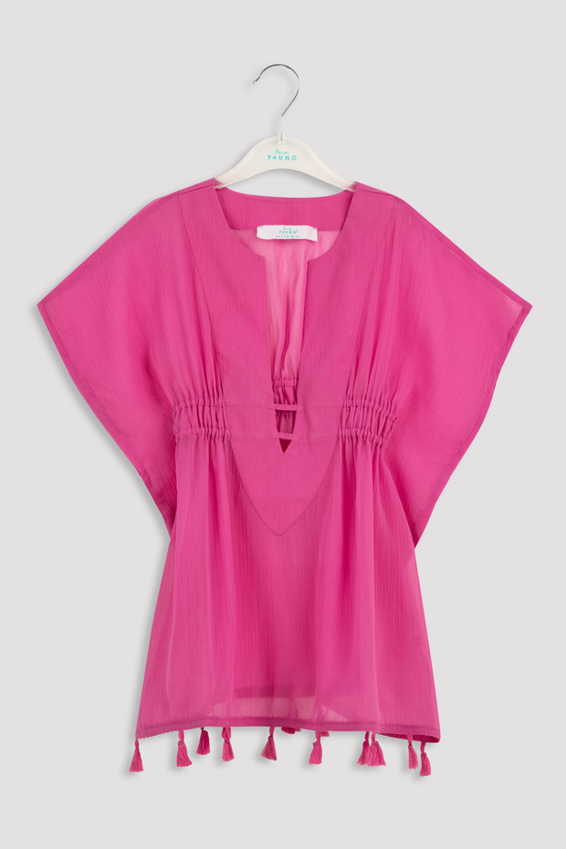 Girl's Pink Tassel Detailed Basic Kaftan