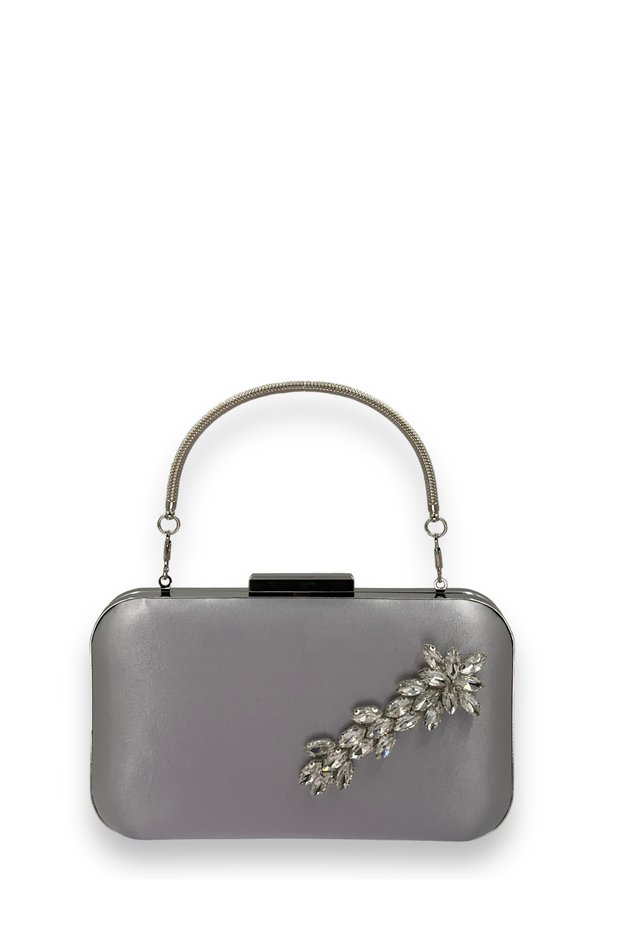 Gray Color Satin Silver Case Silver Stone Handle Evening Dress Evening Bag Portfolio