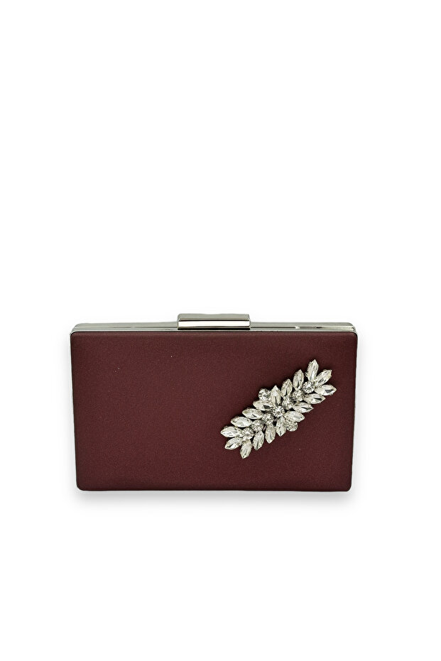 Burgundy Color Scratch-Resistant Satin Silver Stone Evening Dress Bag