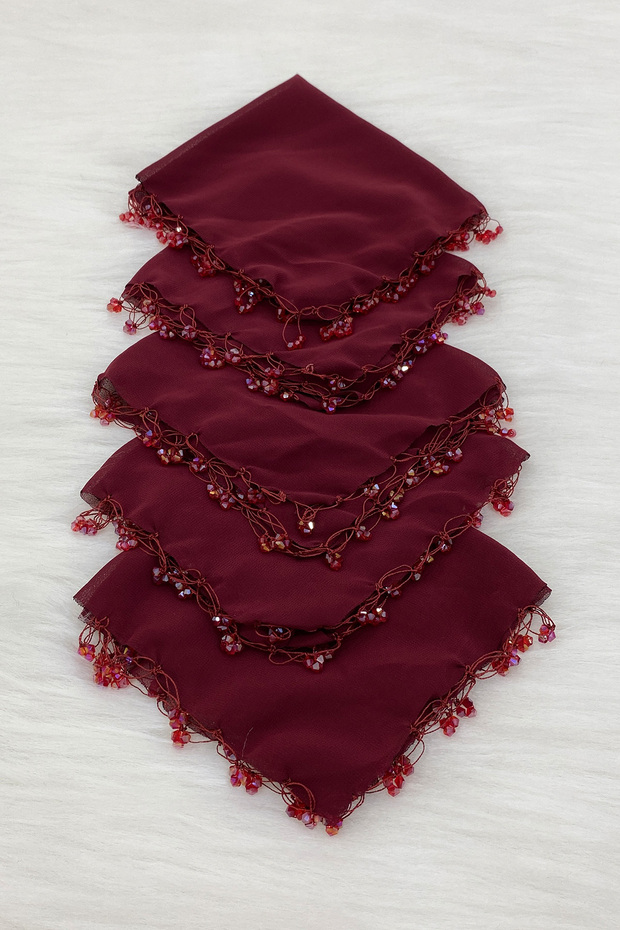 Burgundy Crystal Glass Beaded Bride Groom Handkerchief, 5 Pieces, Wedding Henna Circumcision Engagement Halay Bridesmaid Gift