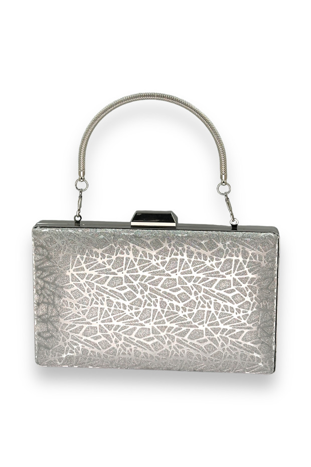 Evening Dress Bag for Night Events – Laser Patterned Lame, Metal Handle, Wedding | Silver Gray