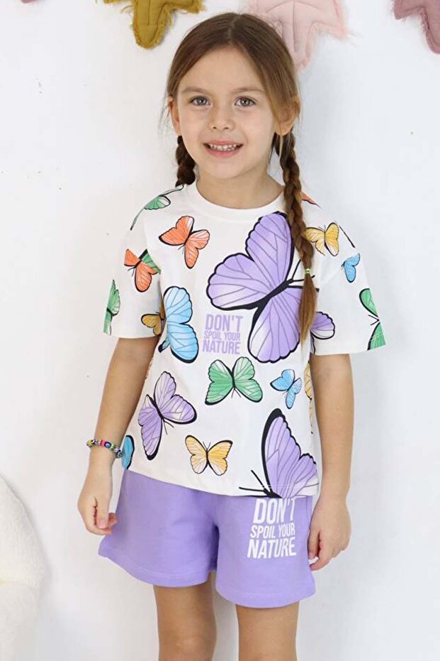 Girl's Butterfly Patterned Short Sleeve Purple Shorts Set