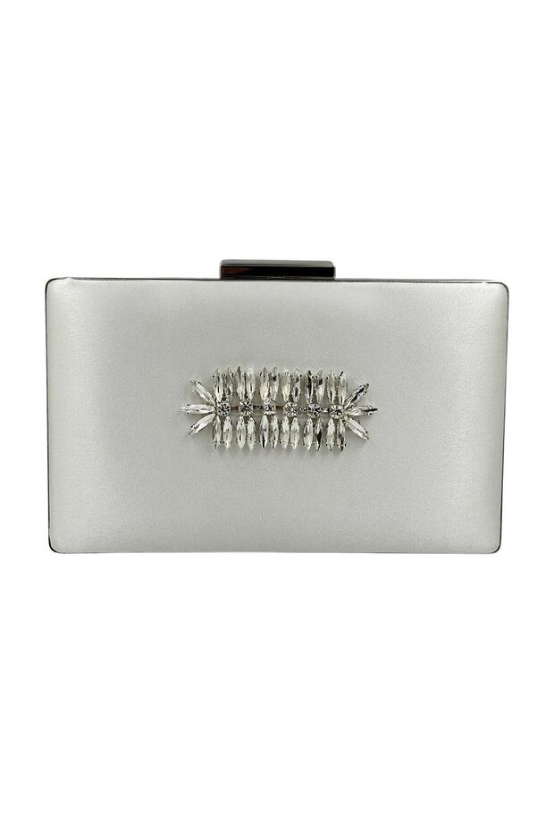 Ecru Color Satin Silver Case Silver Stone Evening Bag Evening Bag Wedding Engagement Portfolio