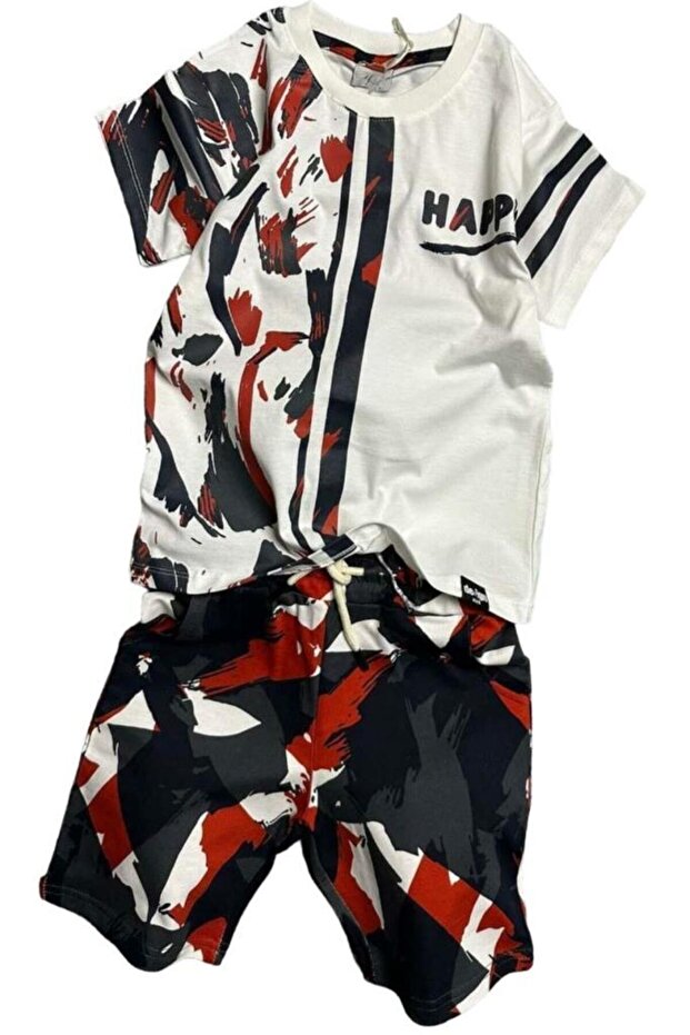 Boy's Happy Text and Camouflage Patterned Red Shorts Set with Pockets
