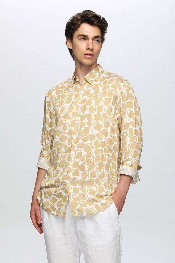 Slim Fit Camel Baskılı %100 Viskon Gömlek - 2