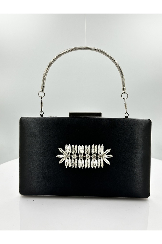 Black Color Satin Silver Case Silver Stone Evening Dress Bag Evening Bag Portfolio