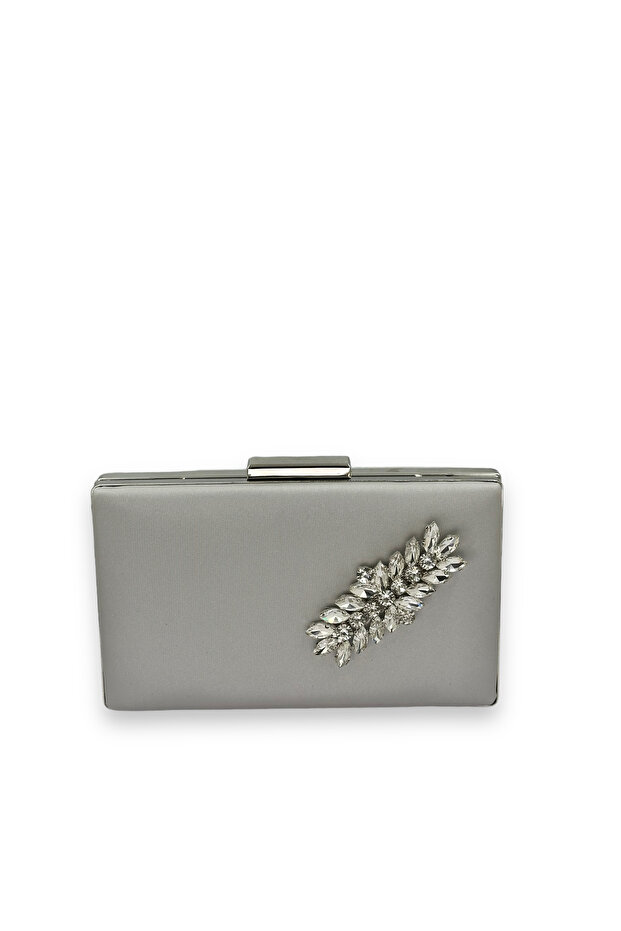 Silver Gray Color Non-Scratch Satin Silver Stone Evening Dress Bag
