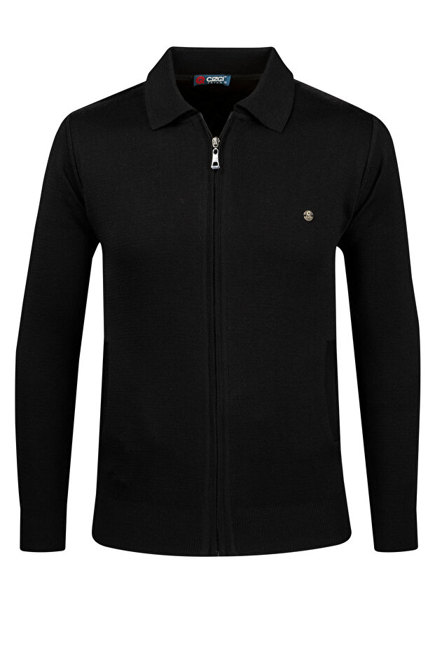 Men's Knitwear Black Jacket Zippered Pocket Detailed Patterned Steel Knit Classic Fit -4241K