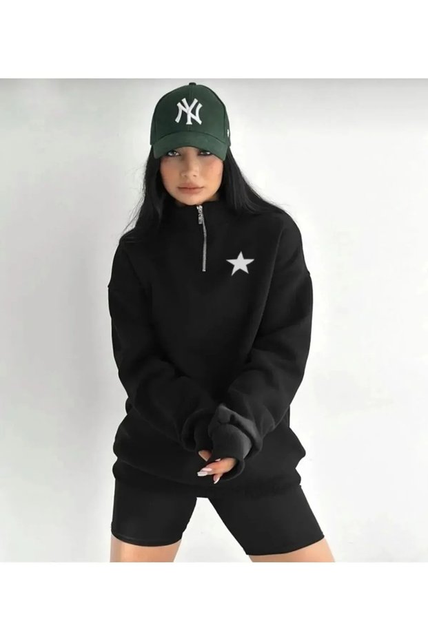 Half Zipper Star Printed Black Women's Sweatshirt
