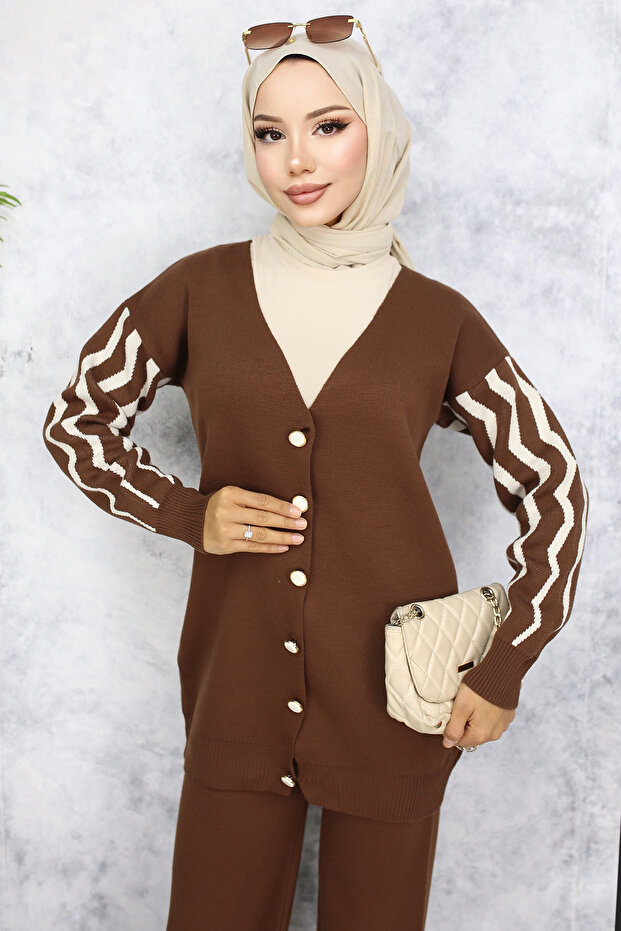 طقم تريكو بني منقوش موديل 4064 - 2