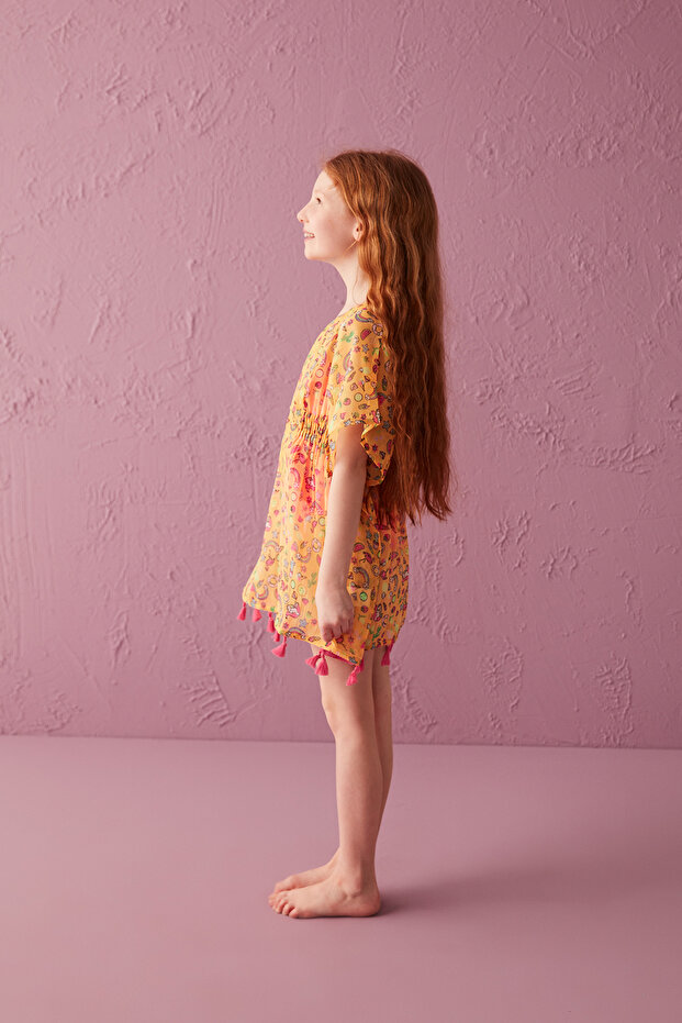 قفطان مطبوع أساسي بنمط اليونيكورن البرتقالي للفتيات - 3