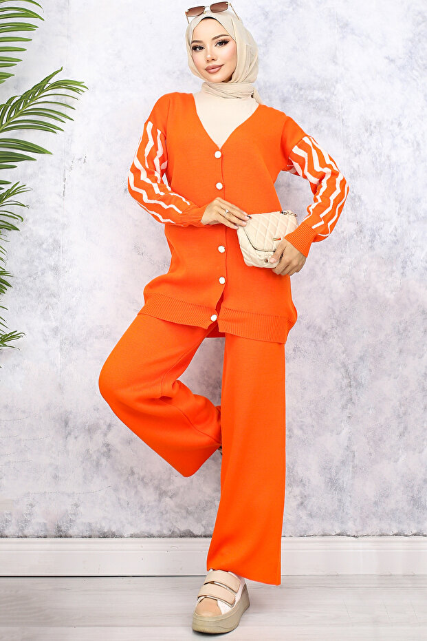 4064 Knitwear Set with Patterned Sleeves Orange
