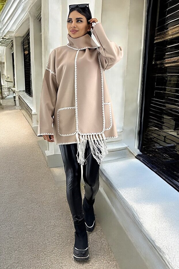 Soft Cashmere Coat with Embroidery Detail and Scarf, Cream Jacket