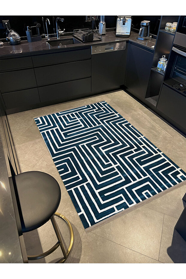 Umut Collection Black and White Themed Maze Patterned Modern Decorative Carpet 03