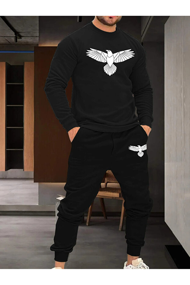 طقم بدلة رياضية سوداء اللون من Eagle Sweatshirt Alt Top برقبة دائرية كبيرة الحجم