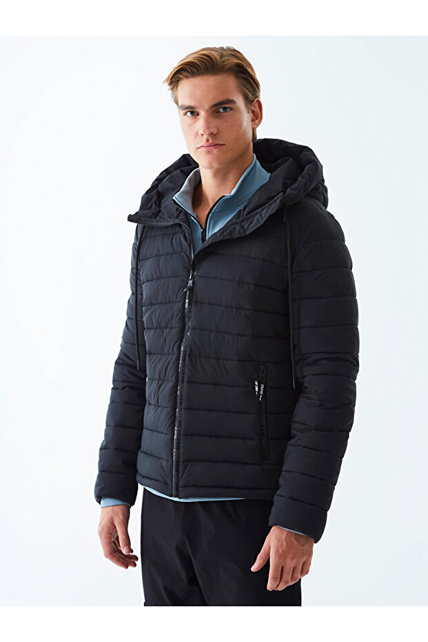 Kapüşonlu Şişme Siyah Ceket - 2