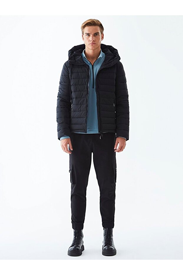 Kapüşonlu Şişme Siyah Ceket - 1