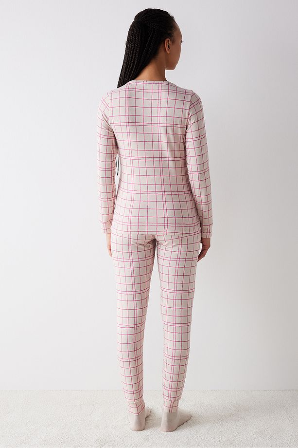 Checked Gri Pantolon Pijama Takımı - 4