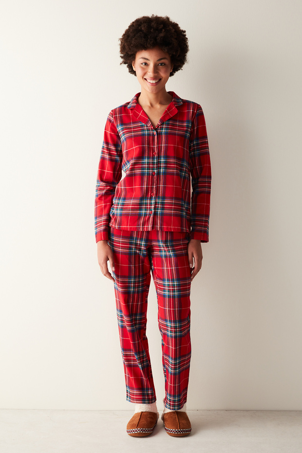Fam Red Checkered Shirt Trousers Pajama Set
